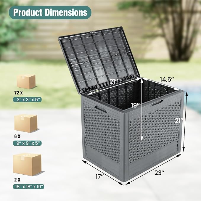 Giantex 25 Gallon Outdoor Storage Box, PP Deck Container with Rattan Patterns & Lockable Lid, All-Weather Patio Plastic Storage Bin for Package Delivery, Garden Tools, Patio Cushions (Grey)