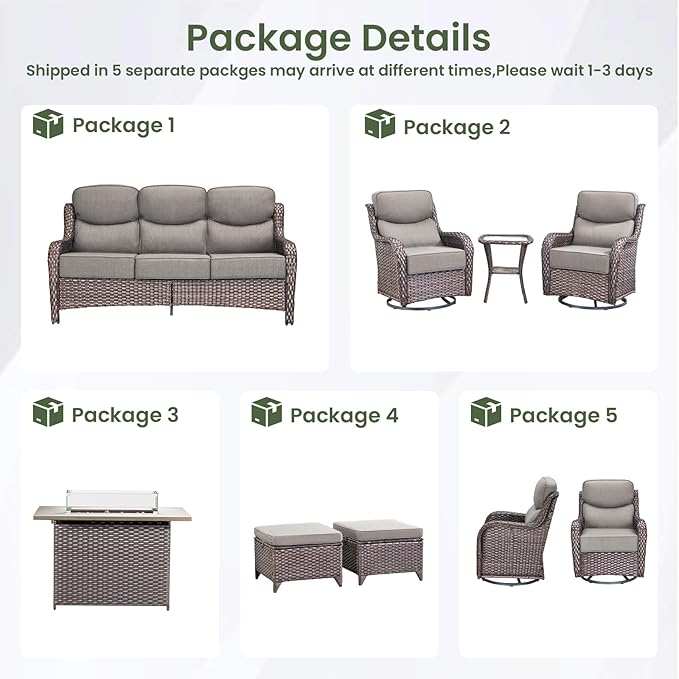 Luxury Patio Furniture Set with 6-inch Thick Cushion, Outdoor Furniture with Fire Pit Table, Swivel Chairs, Sofa, Side Table, Ottomans, 9pcs Wicker Conversation Set for Deck Yard and Poolside(Grey)