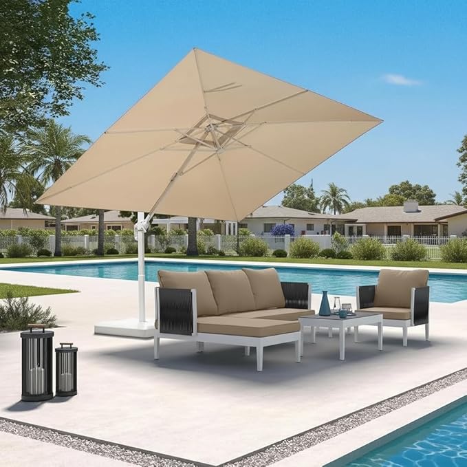 PURPLE LEAF 9' × 11.5' Patio Umbrella White Cantilever Umbrella Aluminum Square Outdoor Offset Umbrella Hanging Windproof with 360° Rotation for Garden Deck Pool, Beige