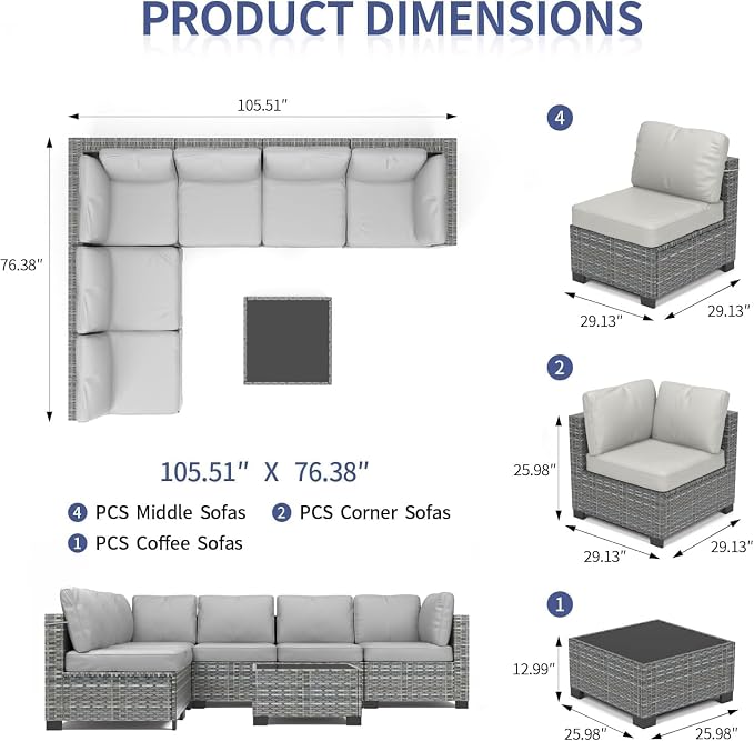 GarveeLife 7 Pieces Patio Furniture Set, Rattan Sectional Patio Sofa Set with 4 Sofas and One Coffee Table, Modular Outdoor Conversation Sofa Set for Garden, Backyard, Porch, Grey