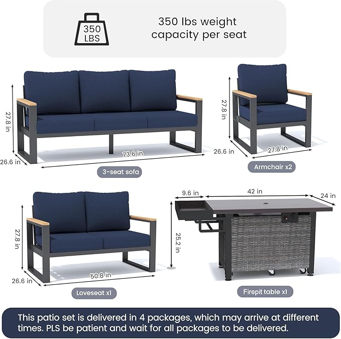 Sundale Outdoor Aluminum Patio Furniture Set, 5 Piece Outdoor Conversation Sets with Fire Pit and Washable Thick Cushions, All Weather Outdoor Sectional Set for Deck, Lawn, Yard (Navy Blue)