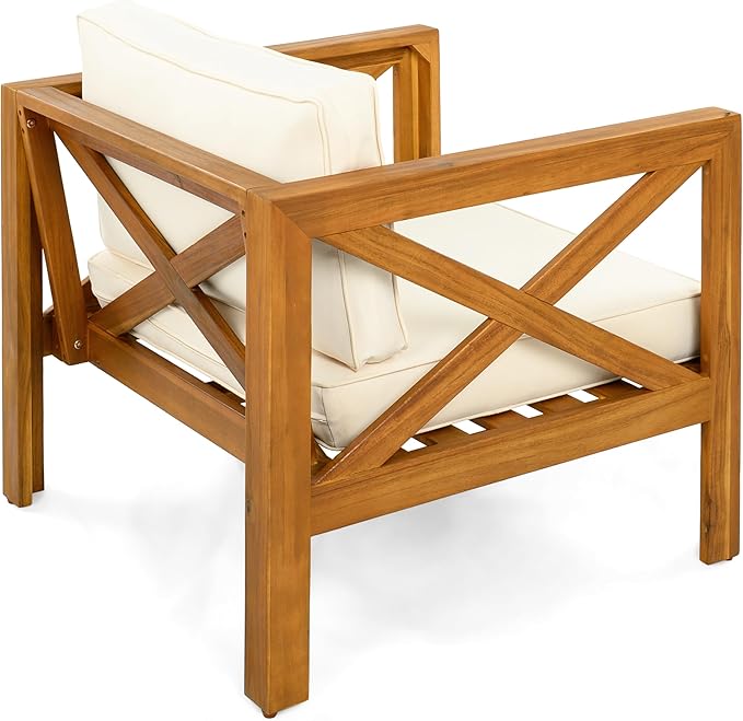 Christopher Knight Home Lucy Acacia Wood Outdoor Patio Furniture Set, 3 Pieces Patio Set, Round Side Table and ArmChairs Conversation Set with Cushion for Garden Lawn Balcony, Beige + Light Teak