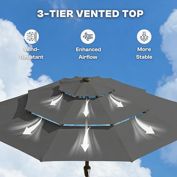 10ft 3-Tier Patio Umbrella with 32 Solar Powered LED Lights, Windproof Outdoor Market Umbrella for Deck, Poolside & Garden, Sturdy Push-Button Tilt Table Umbrella, Gray