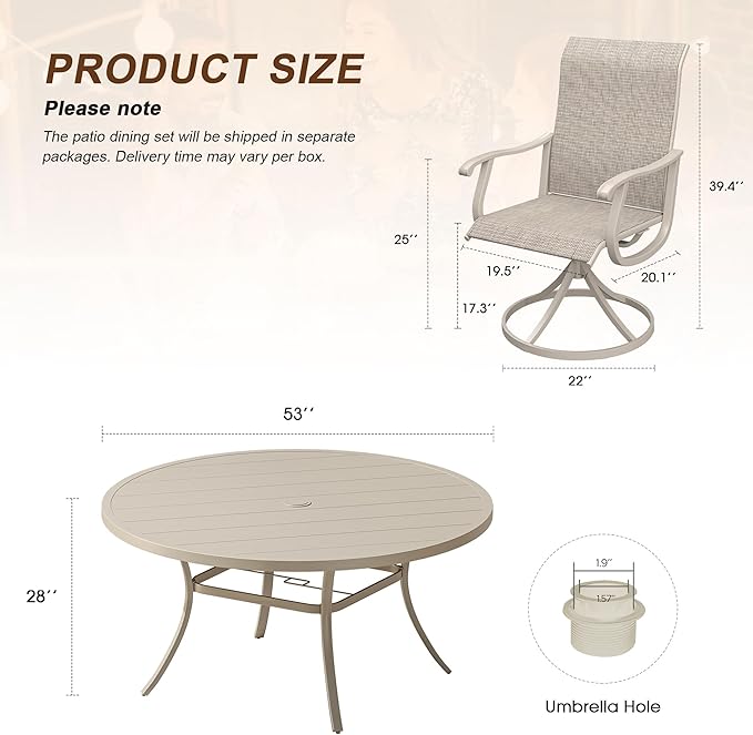 VICLLAX Patio 9 Pieces Outdoor Dining Set,Wrought Iron Metal Outdoor Table and Chairs Set,54" Round Table with Umbrella Hole and 8 Swivel Textilene Chairs for Lawn,Garden,Porch,Sandshell
