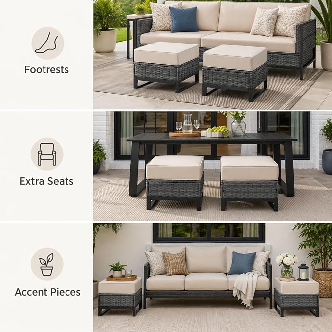 Outdoor Ottomans Set of 2, PE Wicker Patio Footstools with Removable Cushions, All-Weather Rattan Outdoor Ottoman Set for Patio, Backyard, Garden, Porch, Beige