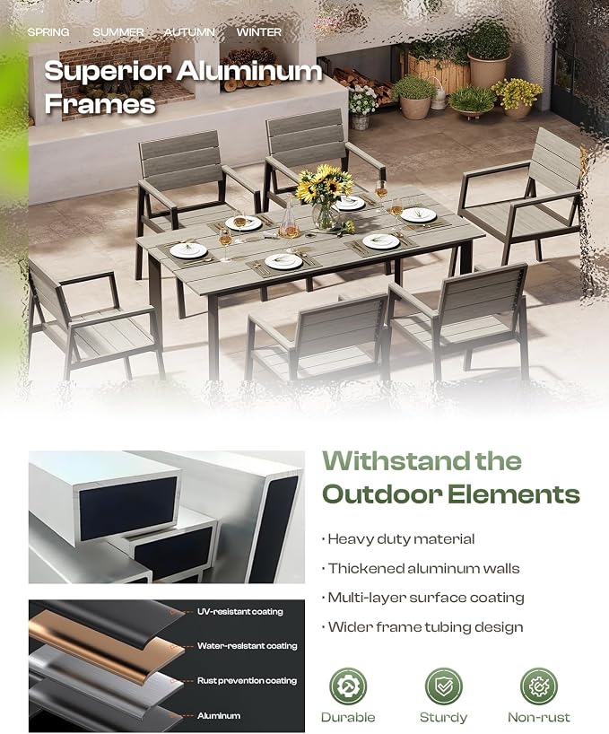 Outdoor Dining Set for 4, Patio Table and Chairs Set with Umbrella Hole, 5 Pieces HDPS + Aluminum Outdoor Furniture Sets for Patio, Garden (Gray)