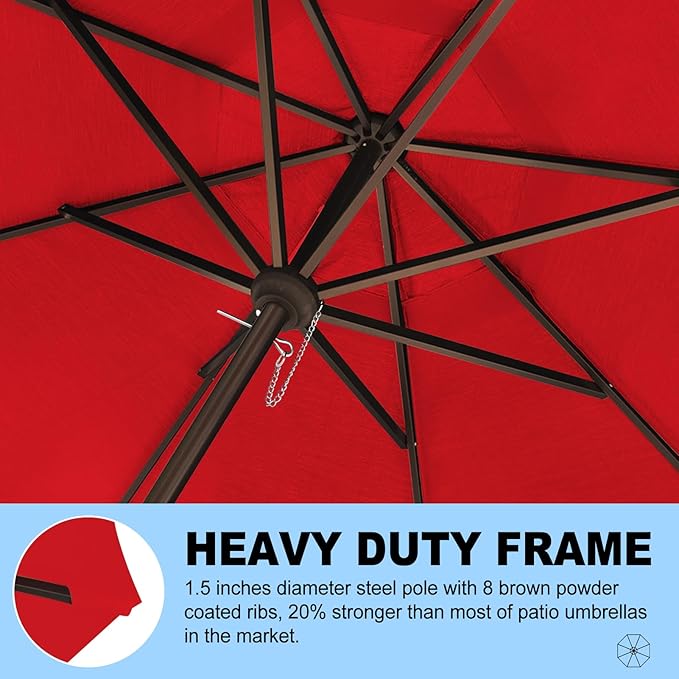 Eurmax USA 10-Year-Non-Fading 10FT Outdoor Patio Market Umbrella,UPF50+ UV Resistant Sun Shade,Heavy Duty Commercial Grade,Crank Lift Design,Windproof Vented Top for Garden,Pool,Deck,Logo Red