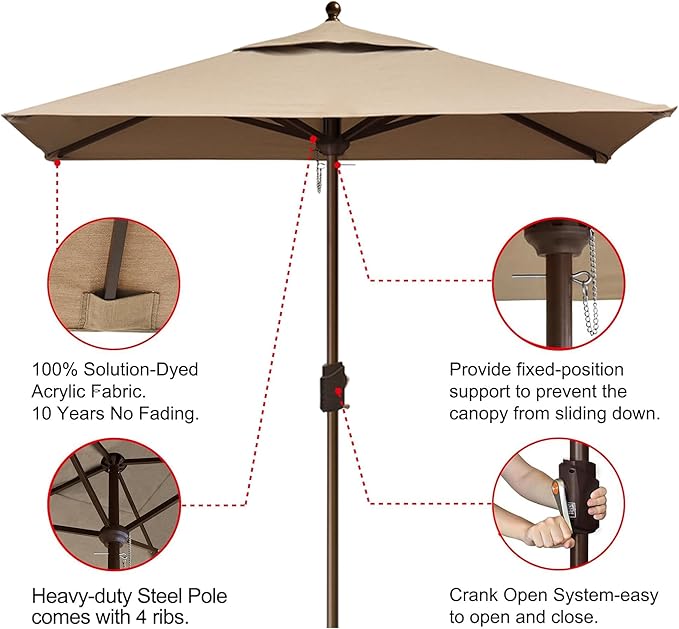 EliteShade USA 10-Year-Non-Fading 6x6Ft Square Market Patio Umbrella, UPF 50+ UV Protection Performance Sun Umbrella, Heavy Duty Commercial Grade Outdoor Table Umbrella with Crank, Windproof Vented Top for Garden, Pool, Deck and Outdoor Playsets, Heath...