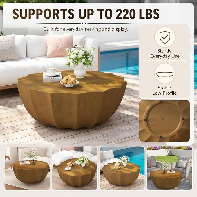 35.43" Concrete Outdoor Table,Modern Round Stone Coffee Table,Waterproof Outdoor Coffee Table for Patio for Terraces, Gardens, Backyards and Living Rooms (Natural, 35.43")
