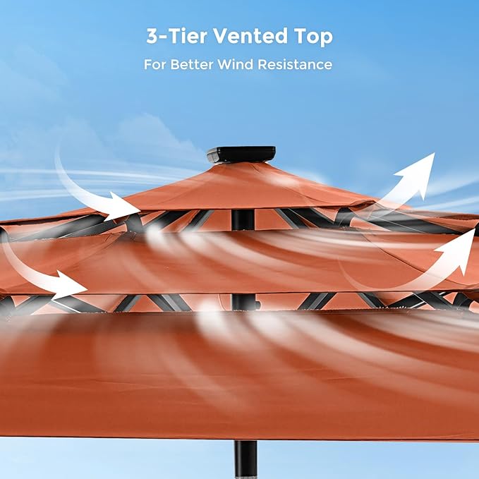 HOMSHADE 9FT 3-Tier Solar Patio Umbrella Heavy Duty,Vented Market Table Umbrella Windproof w/32 LED Lights,UPF50+,5-Year Fade Resistant,8 Thicker Ribs for Pool,Lawn,Garden,Deck (Orange,No Base)