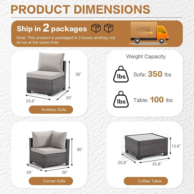 MOCHITO 5 Pcs Outdoor Patio Furniture Sets Grey Rattan Grey Cushions | All-Weather Sectional Sofa, with Glass Table, PE Rattan Wicker Patio Furniture , Washable Cushions, for Balcony Porch Garden