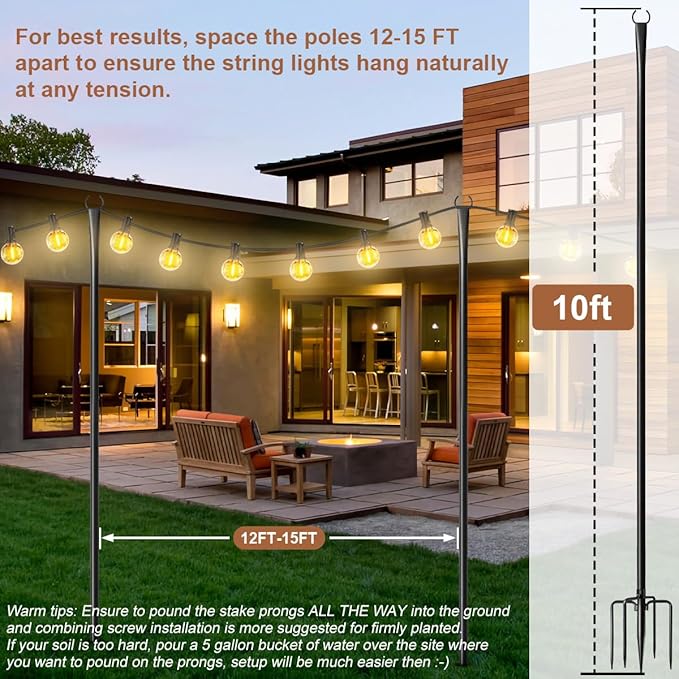 2 Pack Heavy-Duty String Light Poles for Outside with Fork, Adjustable Lighting Hanging Post Accessories for Patio Furniture Set Patio Decor Outdoor Decor Backyard Yard Pergola Garden Decorations