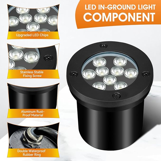9W Landscape Lights Outdoor, 120V In-Ground Lights IP68 Waterproof 2700K Warm White Outdoor Well Lights for Yard Pathway Driveway Deck, 8 Pack