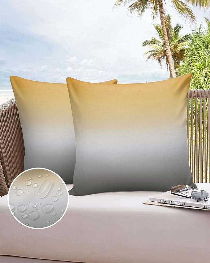 Outdoor Waterproof Throw Pillow Covers Set of 2 Yellow and Grey Ombre Pillowcases 16x16 Inches Gradient Color Patio Decorative Pillows Cushion Case Patio Pillows for Couch Bed Chair Garden