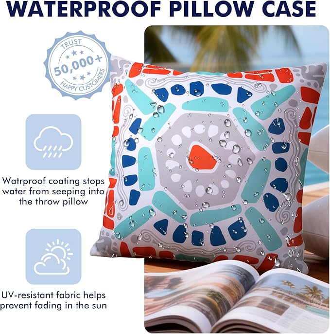 Outdoor Pillow Covers, 18x18 Inch Set of 4 Boho Decorative Summer Outdoor Waterproof Throw Pillow Covers for Patio Funiture Garden (Blue Gray)
