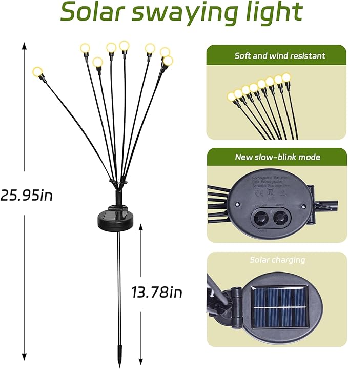 6 Packs Solar Firefly Lights, 48 LED Warm Solar Walkway Lights Outdoor, Waterproof Swaying Light Garden Decor with 2 Modes, Lawn Light for Front Yard Backyard Yard and Pathway