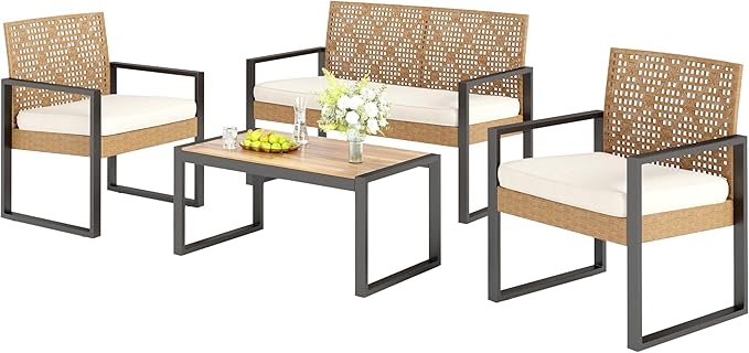 Sophia & William 4 Pieces Patio Conversation Set, Wicker Outdoor Furniture Set for 4, All Weather Outdoor Seating Set, Rattan Loveseat & Chairs with Cushions & Coffee Table，Yellow and Beige