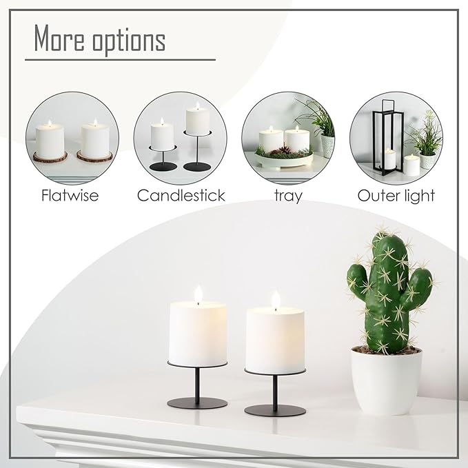 smtyle Vintage White Flickering Flameless Plastic Pillar Candles 3"x3" Set of 2 Battery Operated with Timer Electric Wedding LED Candles for Tables Bathroom Decor