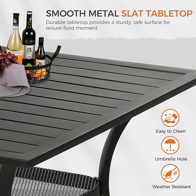 Crownland Outdoor Furniture Dining Table 37" x 37" Metal Frame Patio Table Patio Furniture for 4 Person Square Steel Slat Tabletop with 1.57" Umbrella Hole for Garden Porch, Classic Black