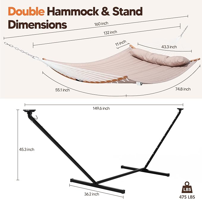SUNCREAT Hammocks Outdoor 2 Person Hammock with Solar Powered Lights, Double Hammock with 12 ft Stand Included, Tan