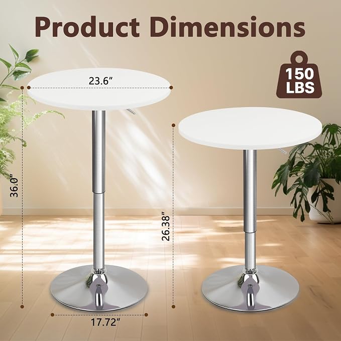CLATINA Round Bar Pub Tables Set of 4, 26"-36" Height Adjustable Bistro Table with Metal Base, 360° Swivel High Top Cocktail Table for Home Kitchen Party Drink Restaurant Wedding Cafe Reception, White