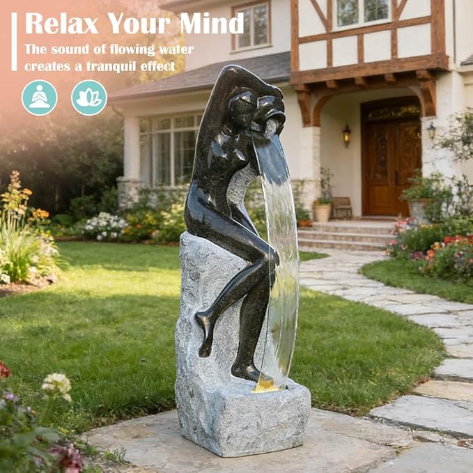 45.6" H Outdoor Modern Lady Curved Glass Fountain,Imitation Rock Texture Base Unique Water Features with LED Warm Lights, Zen Art Waterfall Fountain for Patio Garden Indoor Home Decor