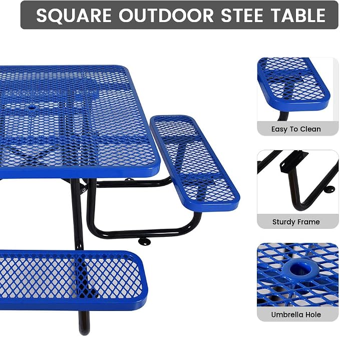 46" Square Metal Picnic Table for 4-8 Person, Durable Heavy Duty Commercial Picnic Table with Umbrella Hole for Outdoor Coffee Shop, School, Hospital, Easy to Install, Blue