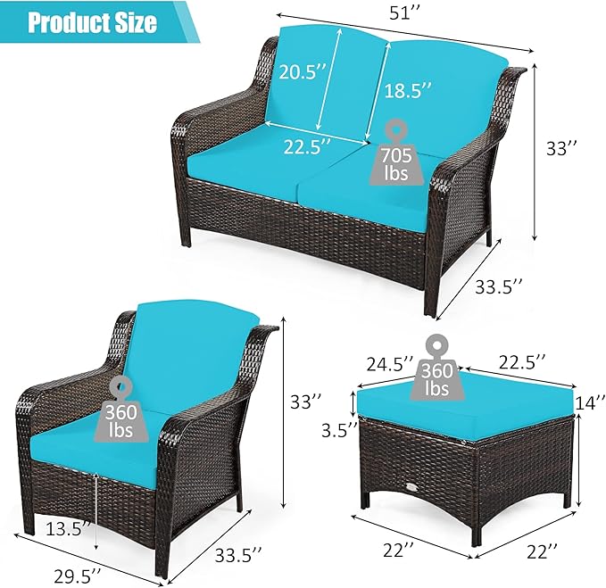 Tangkula 5 Pieces Patio Furniture Set, Outdoor Rattan Conversation Sofa Set with Loveseat, Single Sofas and Ottoman, Sectional Sofa Set with Removable Cushions for Porch, Backyard, Balcony, Lawn