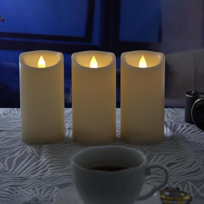 CANDLE CHOICE Waterproof Outdoor Battery Operated Flameless Candles with Timer Flickering Plastic Resin Electric LED Pillar Lights for Lantern Patio Garden Wedding Party Decorations 3x6 Inches 3 Pack