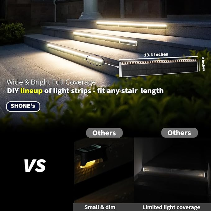 SHONELIGHTING Solar Step Lights for Outside, 33 Focused-Beam High-Brightness LEDs, Waterproof Aluminum Outdoor Stair Light for Risers, Curbsides, Poolsides, Planter Edges (Warm White, 12Pack)
