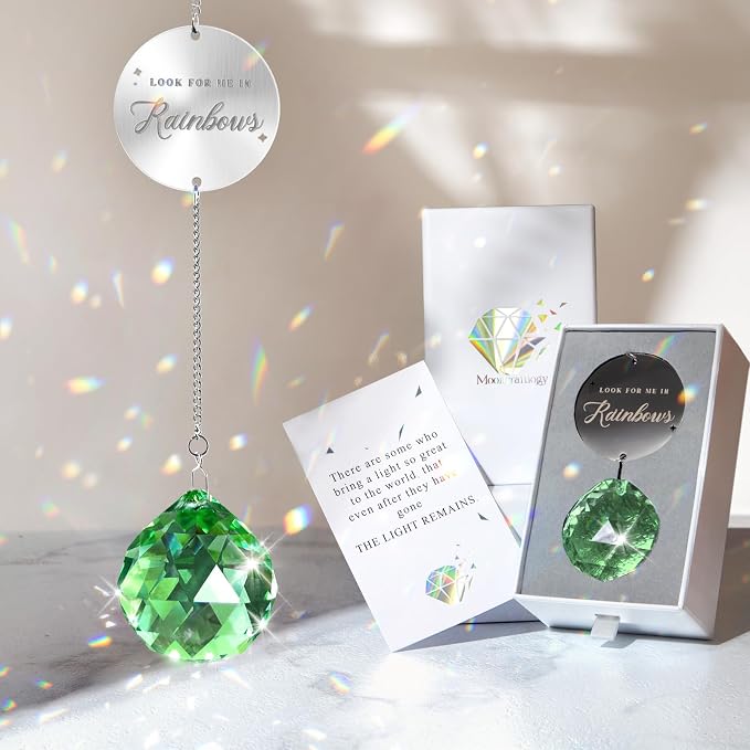 Mooncraftlogy Memorial Gifts for Loss of Loved One, Unique Sympathy Idea, Green Crystal Ball Grief Suncatcher, Rainbow Bereavement Box for Mom Dad Husband Son Daughter