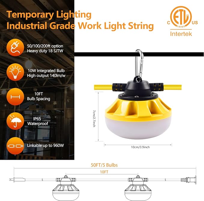 50FT Construction String Lights LED Industrial Grade Free for Climbing Hook | Best for Construction Sites, Renovation, Walkways,Patio,Mine cave, Outdoor, and Other Outdoor Lighting Solutions Use