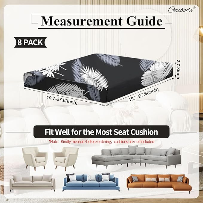 CALBODE 8Pcs Stretch Patio Cushion Covers Dustproof Outdoor Cushion Covers Washable Patio Couch Cover Slipcovers for Outdoor Furniture Protector Replacement(Black Palm Leaves, Cover Only)