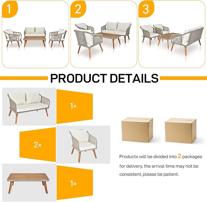 VINGLI 4 Pieces Outdoor Patio Furniture Set with Acacia Wood Table, Wicker Conversation Sofa Sets for Balcony, Porch or Backyard