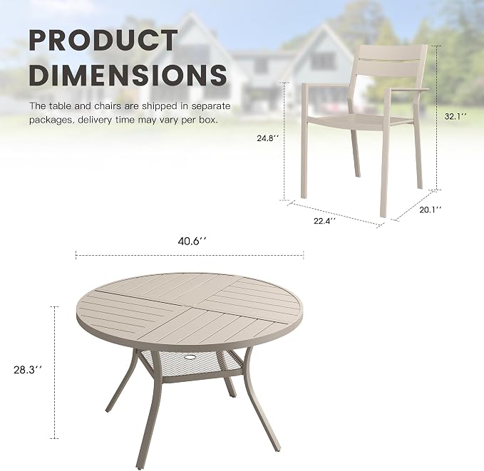 Patio Dining Set for 4, Round 40.7" Patio Dining Table and Stackable Outdoor Dining Chairs Outdoor Furniture for Backyard Porch Deck, Spliced Sandshell Table and Sandshell Chairs