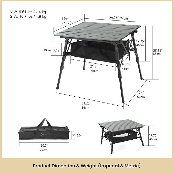 ARROWHEAD OUTDOOR 2-Pack 39" Aluminum Folding Camp Roll Up Table w/Adjustable Height, Undertable Mesh Storage, Carry Bag