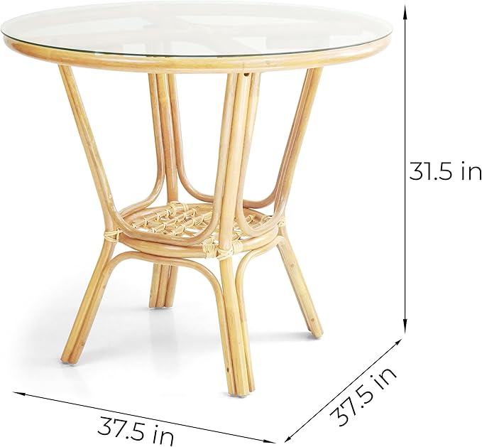 3 Pcs Pelangi Rattan Wicker Dining Set Round Table Glass Top and 2 Arm Chairs with Cream Cushion, Natural Color