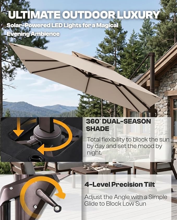 10'×10' Patio Umbrella, Double Top Aluminum Cantilever Umbrella with 360°Rotation, Offset Patio Umbrella with Easy Tilt for Pool Deck Garden Backyard, Beige (Base not Included)