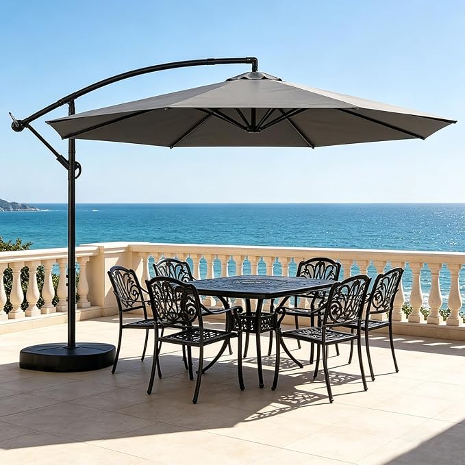 SUNYRISY 10ft Outdoor Patio Umbrella with Base Included, Large Cantilever Offset Umbrella with Sandbag Base Included for Deck, Pool, Porch, and Backyard Shade, Easy to Tilt and Crank