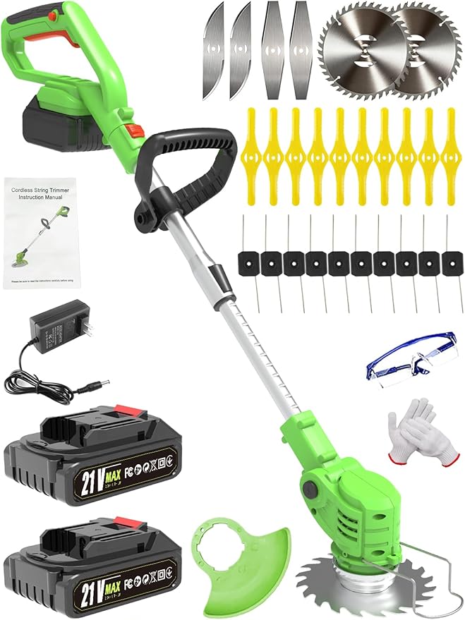 21V Electric Weed Wacker Cordless,Weed Eater Battery Powered with 2 * 2.0Ah Battery, Charger & 5 Types Blade Lightweight Grass Trimmer for Garden Yard Lawn Work