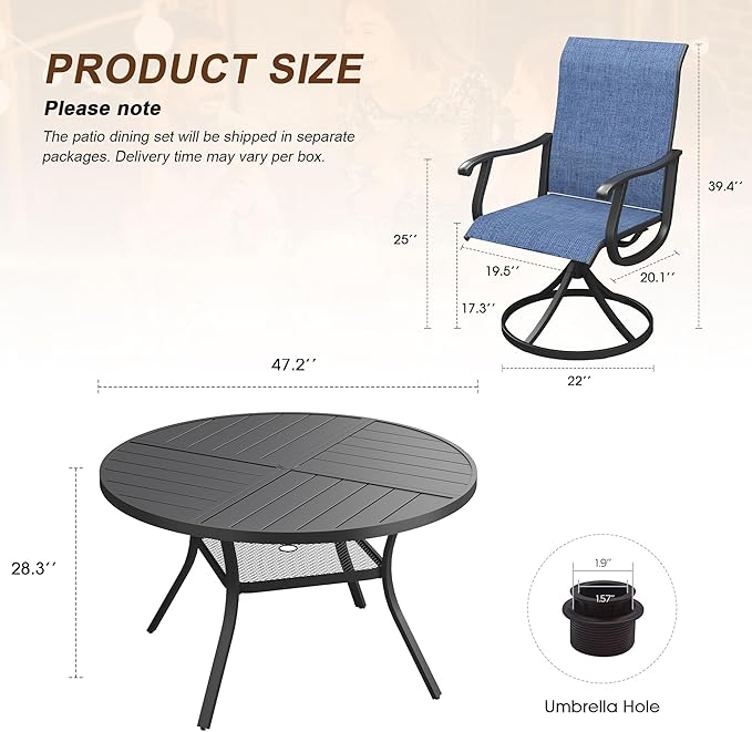 VICLLAX Patio 7 Pieces Outdoor Dining Set, 47.2" Round Metal Table with Umbrella Hole and Storage Shelf, 6 Swivel Textilene Chairs for Lawn, Garden, Porch, Black/Dark Blue