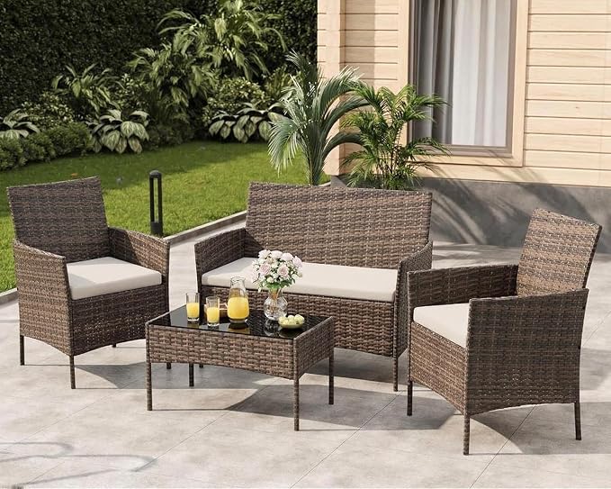4-Piece Outdoor Furniture Set, PE Rattan Wicker Chairs with Soft Cushions & Tempered Glass Coffee Table - All-Weather Patio Set for Garden, Backyard, Porch, Poolside (Gradient Brown/Beige)