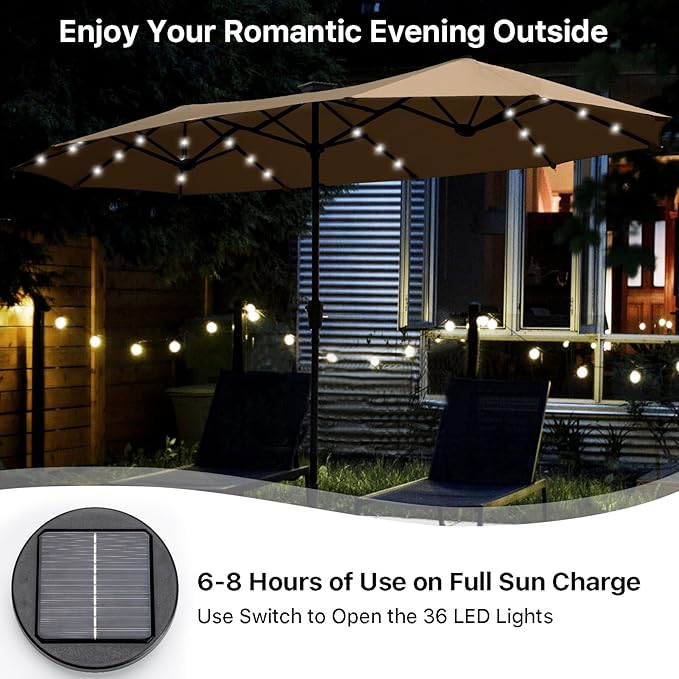 FREE SOLDIER 13ft Patio Umbrella with 36 LED Solar Lights Double Sided Outdoor Umbrella for Patio Table Umbrella with Solar lights for Garden Yard Pool (Tan)