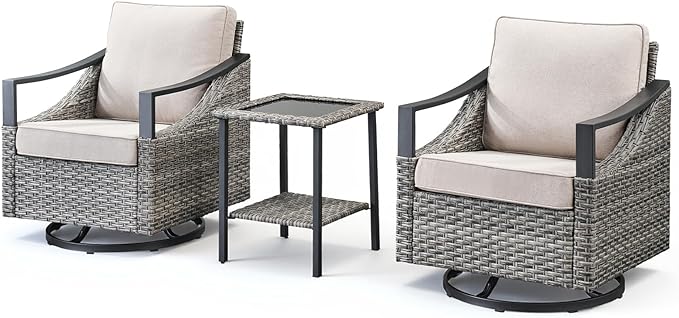 3 Pieces Wicker Patio Furniture Set-High Back Swivel Patio Chairs Set of 2 with Rattan Side Table, PE Wicker Outdoor Patio Furniture Sets with Covered Cushions for Porch Deck Garden Grey/Beige