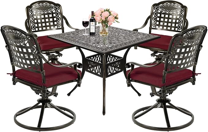 MEETWARM 5-Piece Outdoor Patio Dining Set, All-Weather Cast Aluminum Patio Conversation Set with 4 Cushions Swivel Rocker Chairs for Backyard Garden Deck and 35.4" Square Table, Chili Red