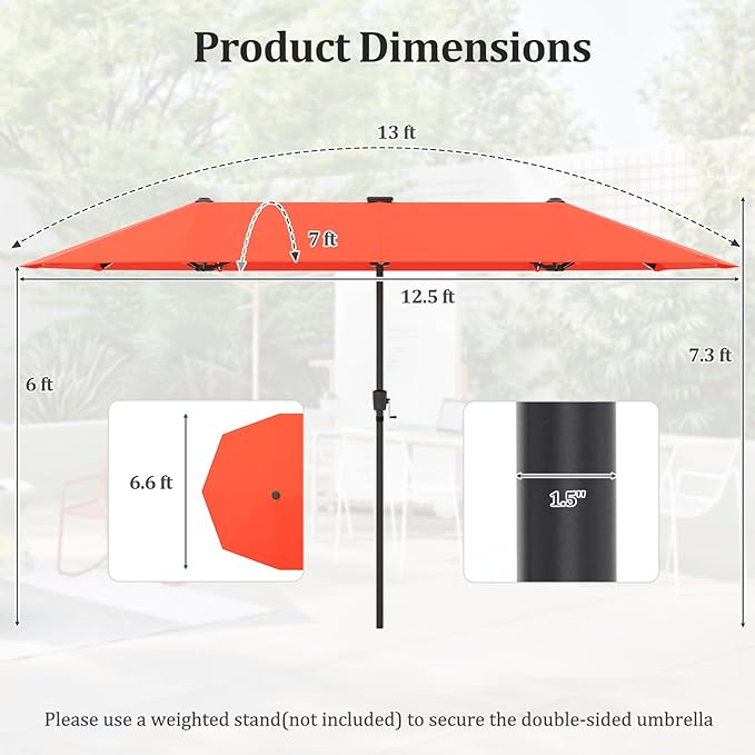 HAPPYGRILL 13 FT Double-sided Patio Umbrella with Solar Lights, Crank Handle & 12 Heavy-Duty Ribs, Outdoor Twin Size Oversized Rectangle Market Umbrella for Garden Deck Poolside