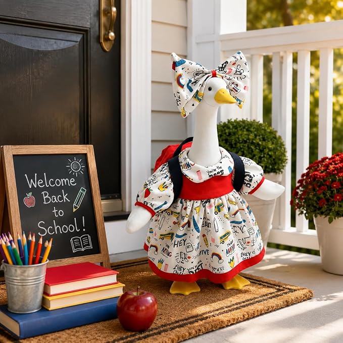Back to School Porch Goose Outfits, Student Goose Outfit Fits 23" Cement Plastic Geese Statue, Goose Clothes for School Classroom Cement Goose Outdoor Garden Yard Decor