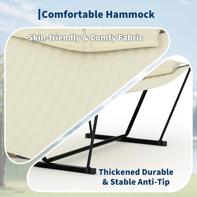 Double Hammocks with Stand for Outside, Heavy Duty Portable Outdoor Hammock with Carrying Bag & Soft Pillow & Paded, 450 LBS Weight Capacity, Perfect for Outdoor Indoor Patio Backyard Garden