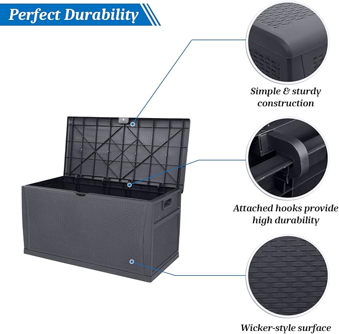 VINGLI 120 Gallon Large Deck Box Outdoor Storage Box with Lid, Plastic Patio Furniture Container Bin Rattan Grain Surface for Cushions Books Garden Tools Pool Accessories (Grey)
