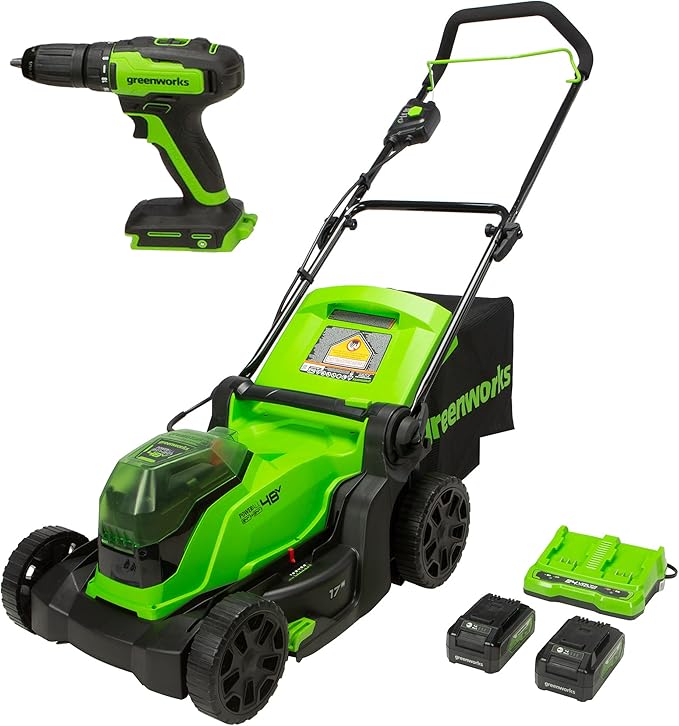 Greenworks 48V 17" Brushless Cordless Lawn Mower + 24V Drill/Driver, (2 x 24V) & 0.065" Dual Line Replacement String Trimmer Line Spool, 3 Count (Pack of 1)